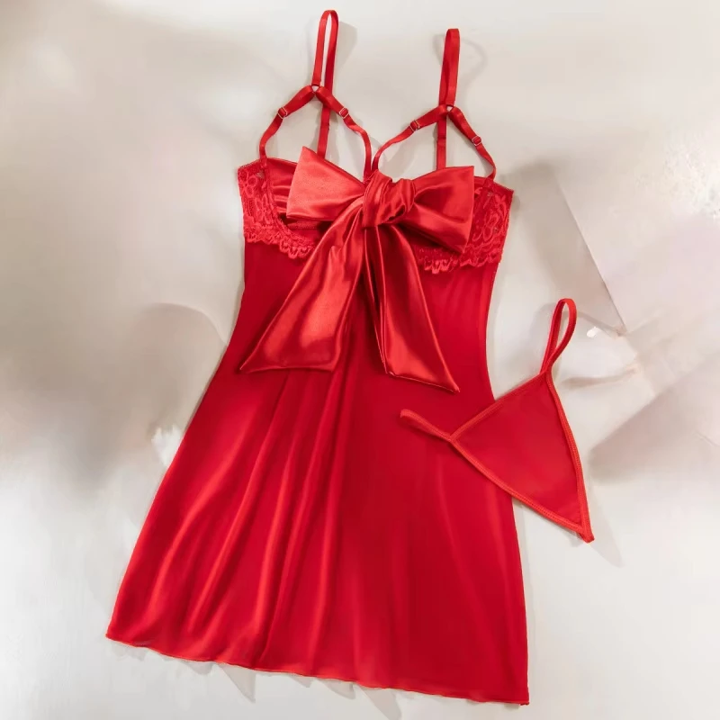 

Sexy bikini with large bow, pure desire plus-size mesh see-through seductive dress nightgown