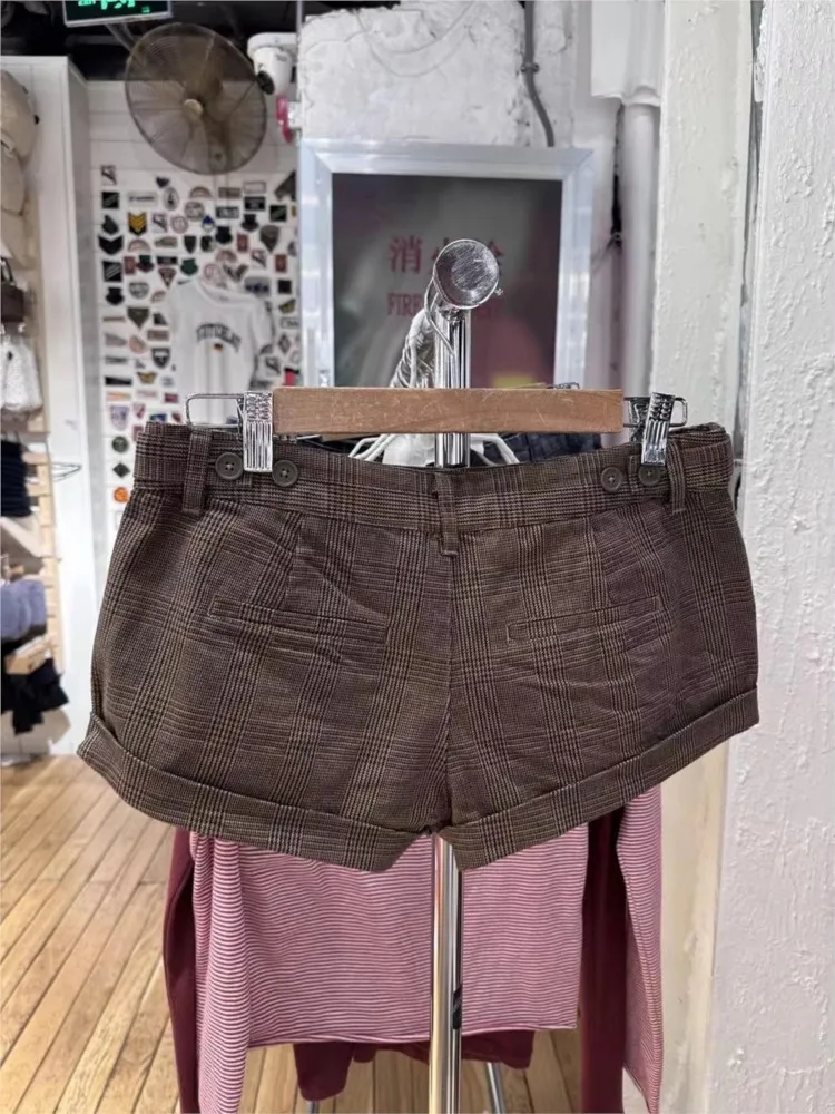 Retro marrom xadrez botão shorts feminino verão algodão casual solto elástico de cintura alta calças curtas vintage estilo preppy sweatshort
