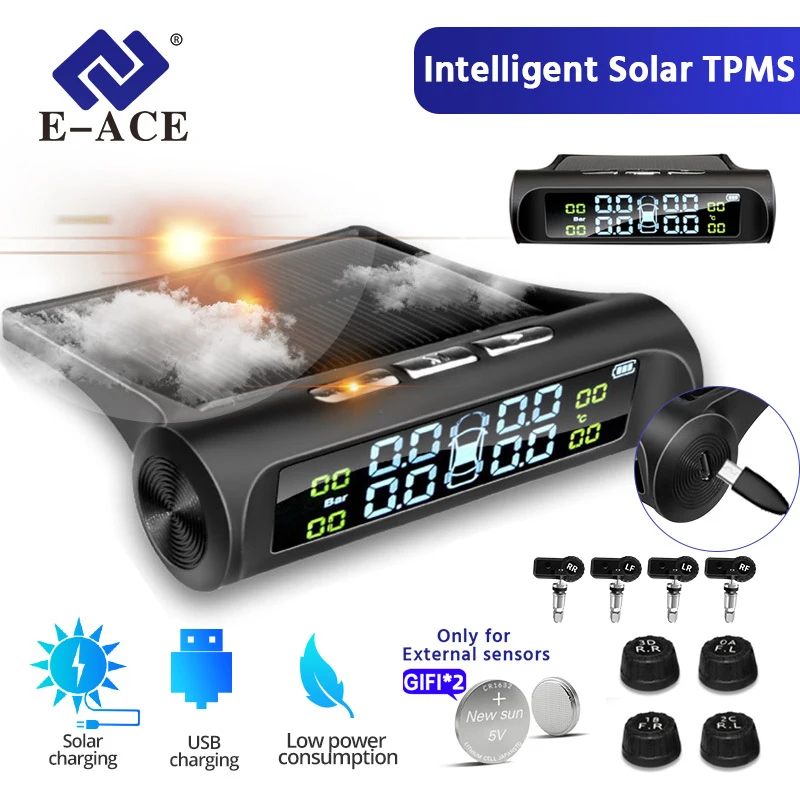 

TPMS Автомобильная система E-ACE Smart Solar Power Tire Автоматическая сигнализация давления Система мониторинга охранной сигнализации Системы давления в шинах внедорожник Маленькое лето