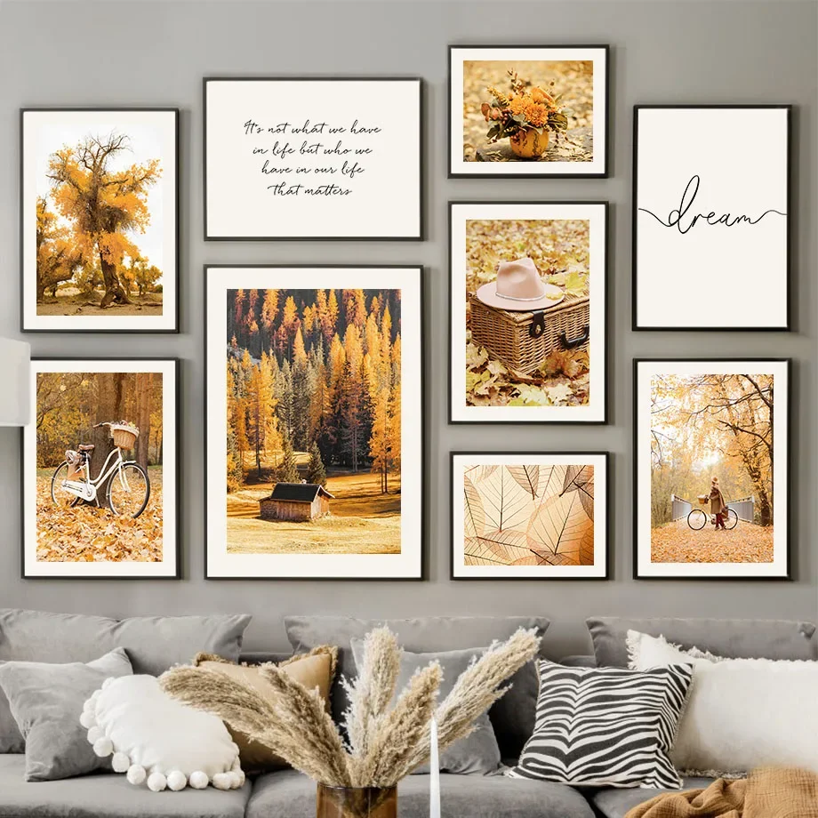

Maple Leaf Texture Gold Forest Bicycle Wall Art Canvas Painting Nordic Posters And Prints Wall Pictures For Living Room Decor