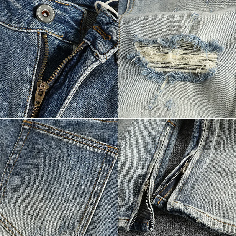 Spring and Autumn Ripped Washed Worn Jeans Men's Fashion Street Hip Hop Ins Trendy Side Zipper High Street Retro Long Pants