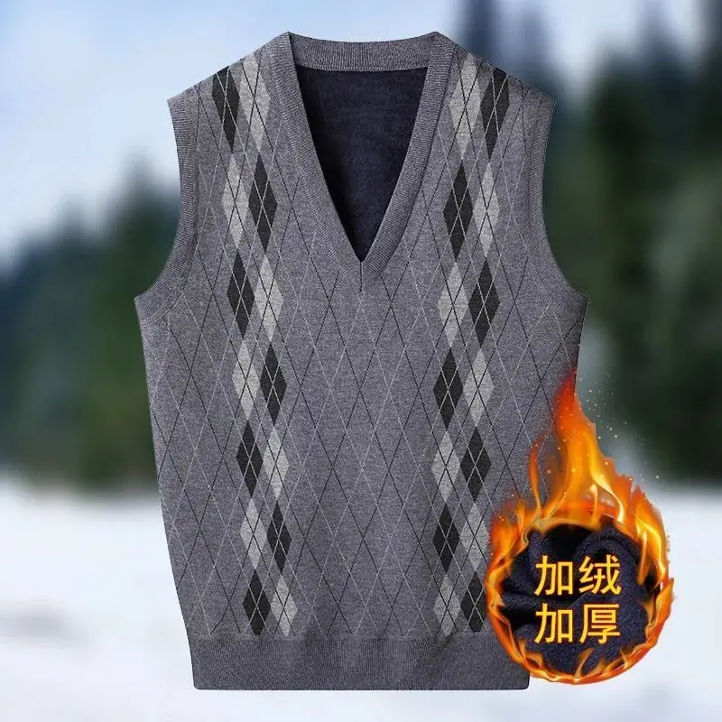 

Men's Winter Knit Fleece Sweater Vest Retro Sleeveless V Neck Pullovers Sweater Knitwear Plaid Man Clothes Warm Bottoming Vest