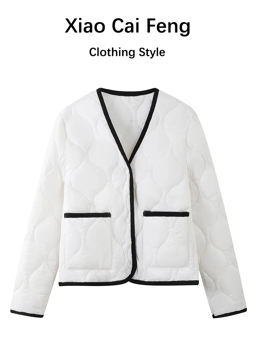 

Korean Sle Color Blo Diamond Pattern V Ne down Cotton Jaet Women's Autumn Winter Lightweight Warm ort Coat Inner We...