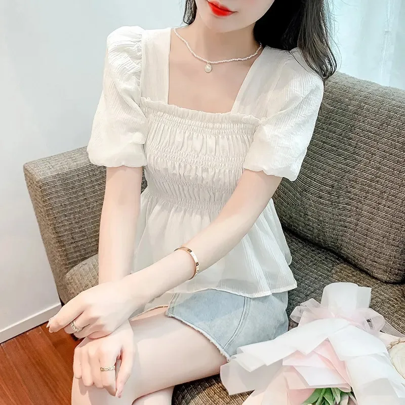 

Women's French Square Collar Short Sleeve Chiffon Shirt, Summer Dress, New Design Sense Niche Short Top Cover Belly Shirt