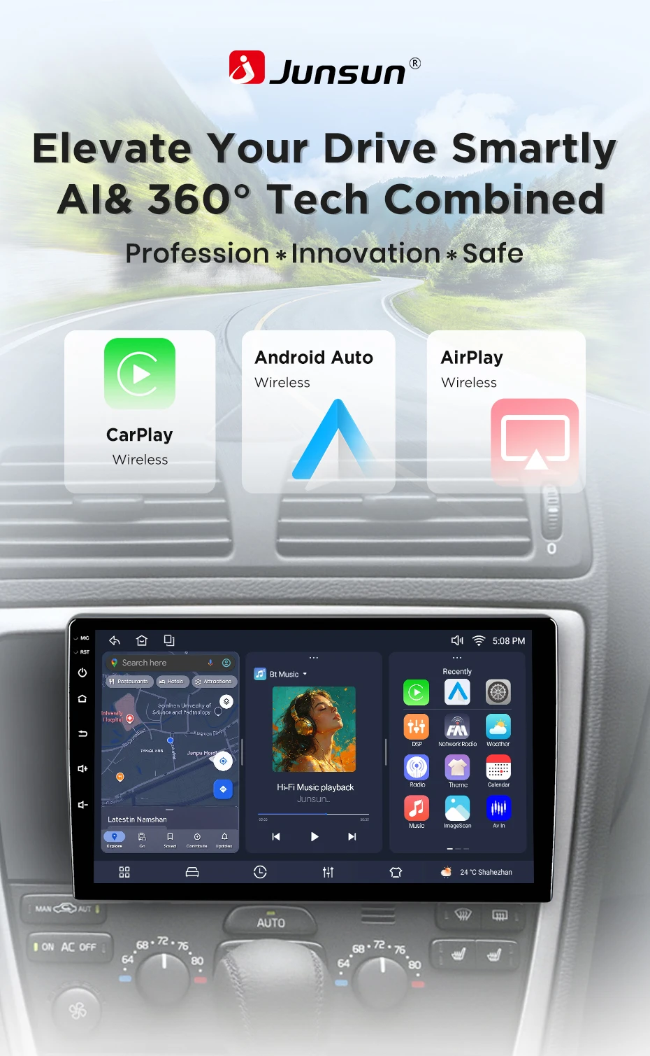 Junsun Android 15 Auto-Intelligenzsysteme für Volvo XC70 V70 S60 2004-2009 AI Wireless CarPlay für Apple Auto 9" IPS – Detail 2