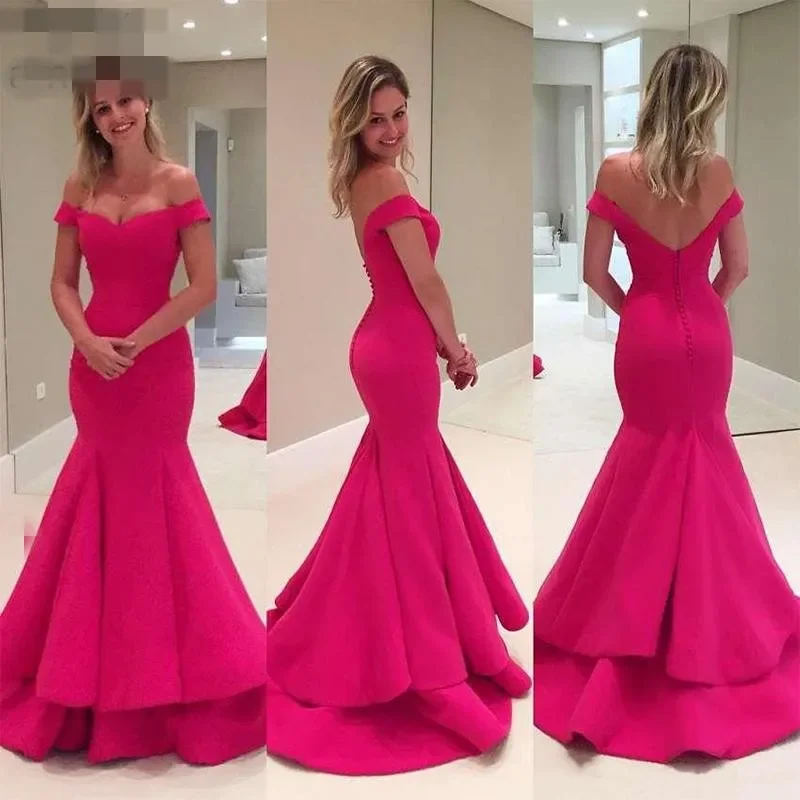 

Elegant Mermaid Evening Dresses v neck Off Shoulder Ruched Satin Simple Long Hip wrap Prom Sexy Backless Wears Robe De Soiree