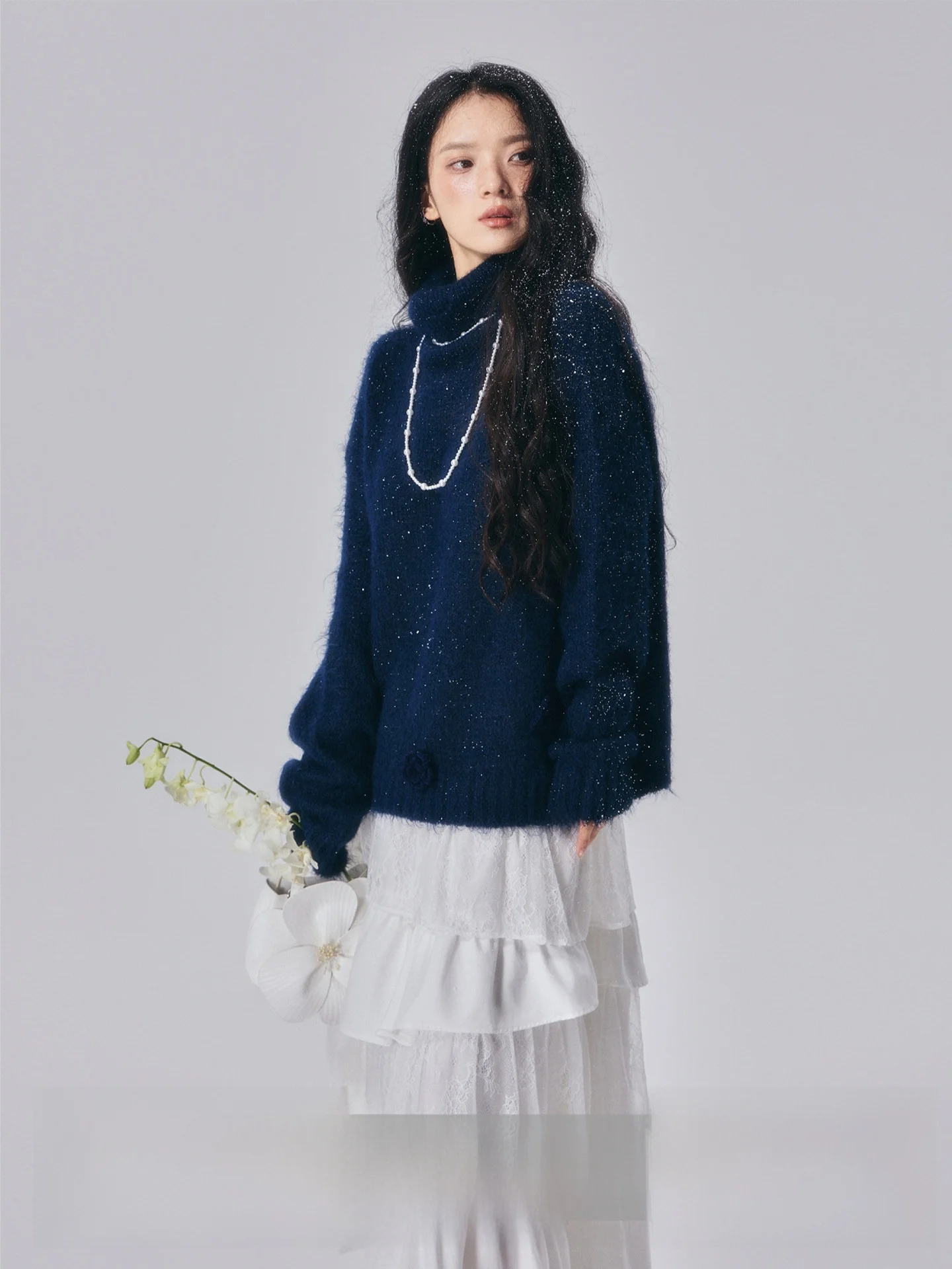 

Женский вязаный свитер Mis Poesie с высоким воротом, мягкий, свободный, из смесовой шерсти, с цветочным узором, осенне-весенний, модный, для повседневной носки