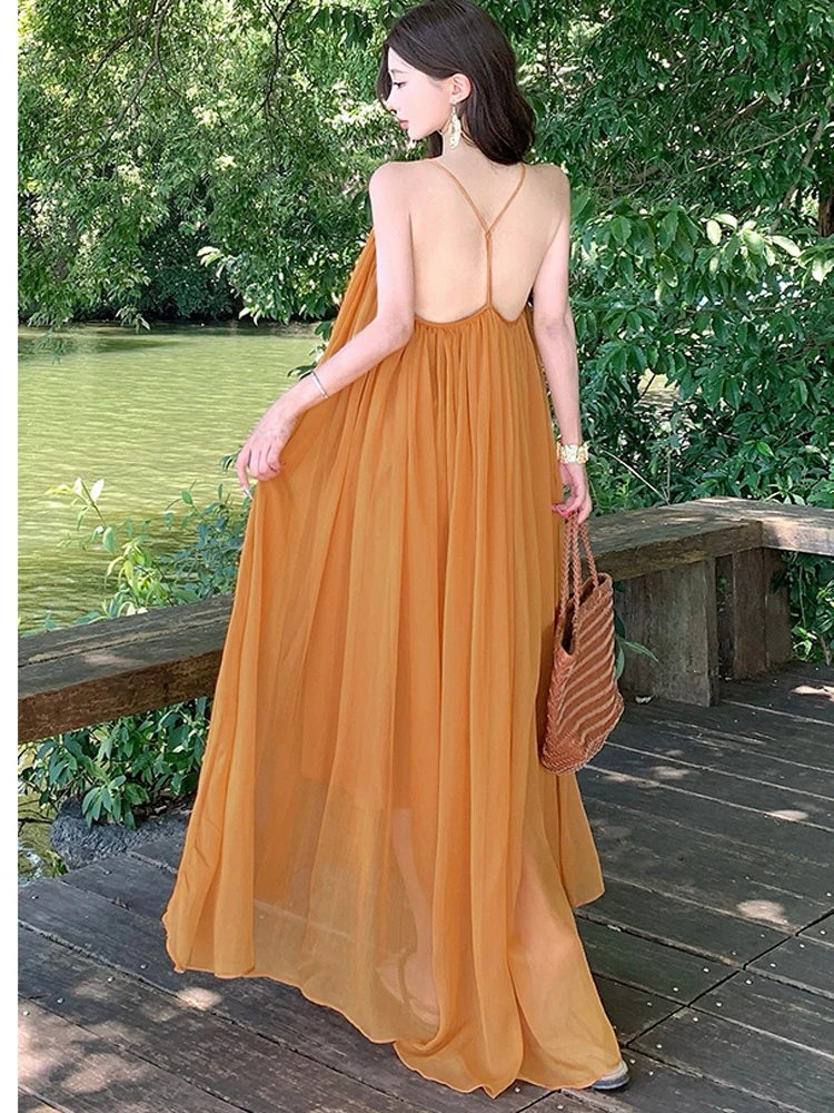 Sukienka damska vintage boho szyfonowa luźna letnia seksowna bez pleców elegancka wakacyjna plażowa codzienna