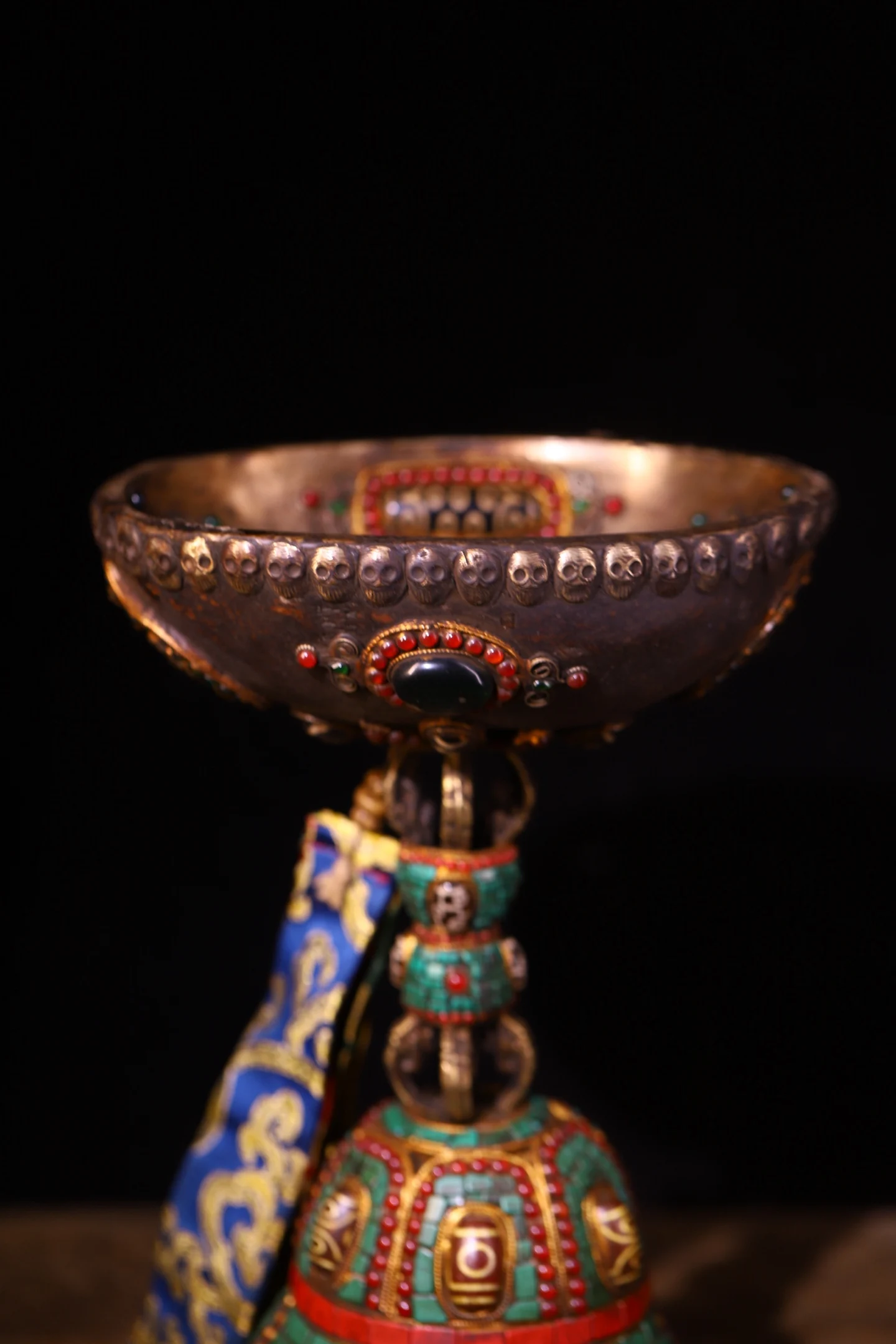 Old Kabala Bowl Gem gZi Beads Turquoise Eight Treasure Pattern Bronze Vajra Bodhi Root Base prayer flag Worship Hall