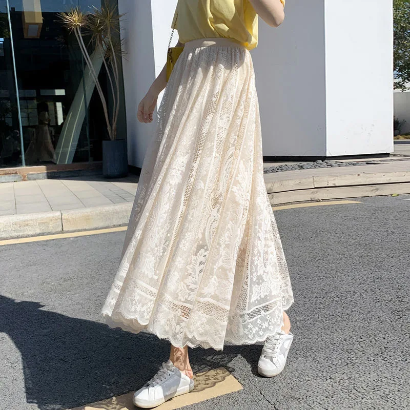 

Lace mesh skirt women's spring and summer new high-waisted casual midi length versatile skinny fairy skirt