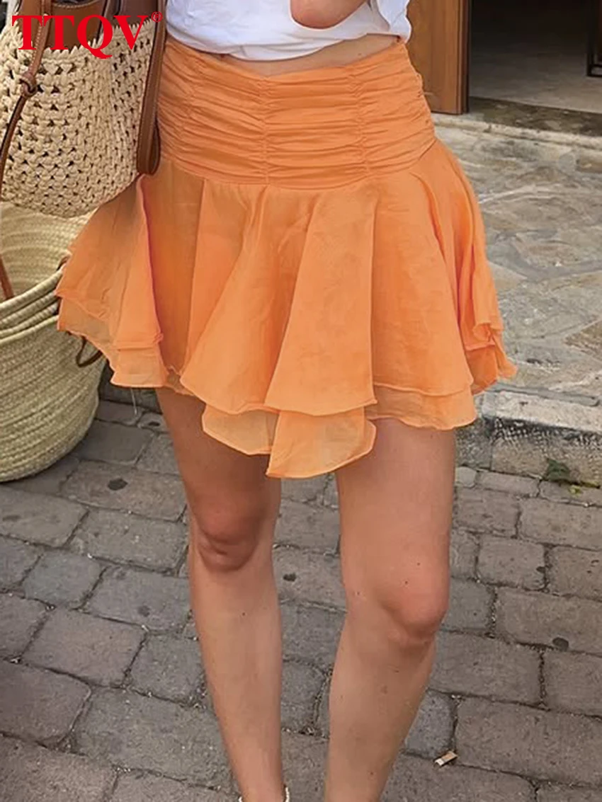 TTQV Fashion Loose Orange Women's Skirt 2026 Casual High Waist Mini Skirts Lady Elegant Classic Pleated Skirt Female Clothing
