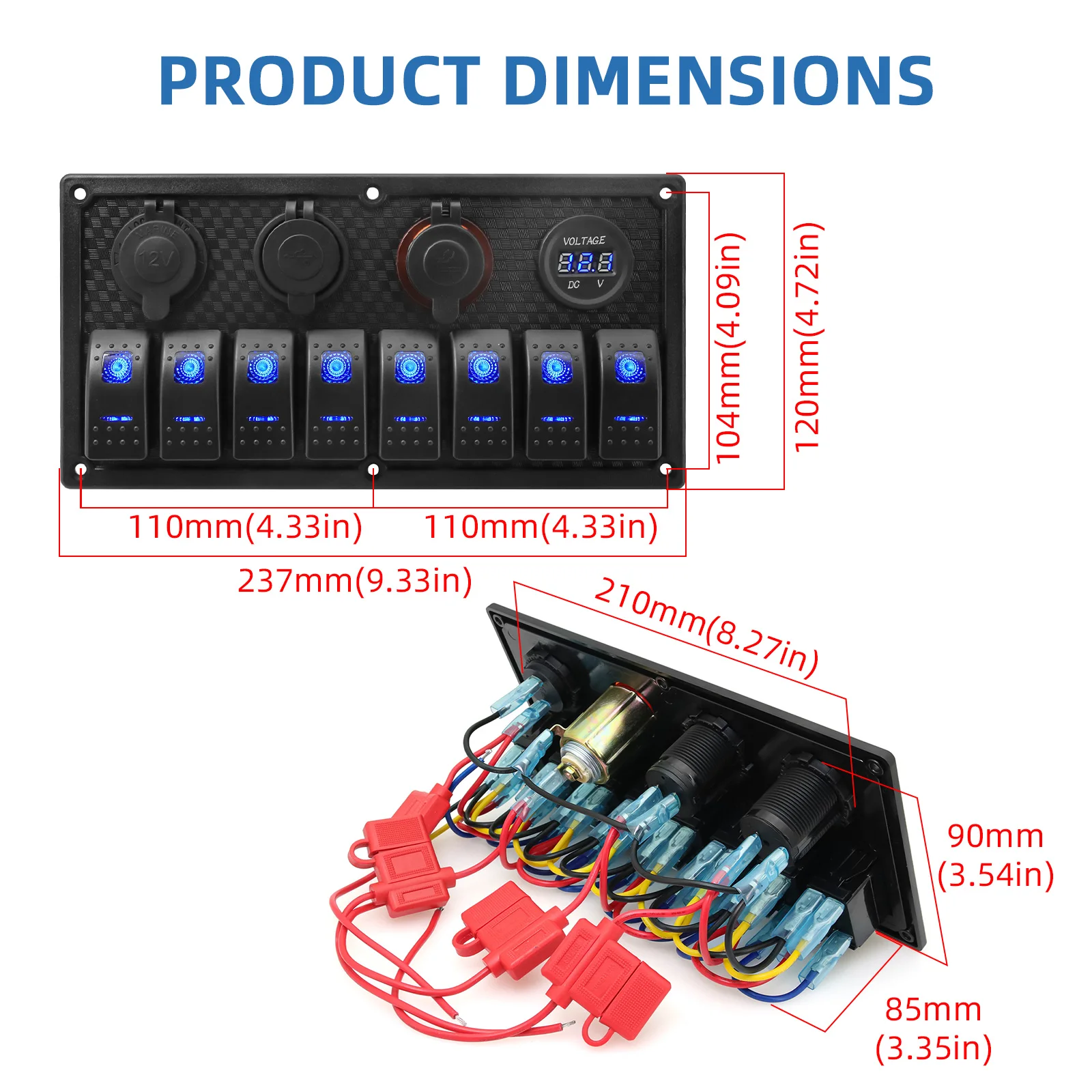 12V/24V Dual USB Cigarette Lighter Socket 8 Buttons Car Light Toggle USB Chargers Power Adapter for Boat Truck Trailer Marine