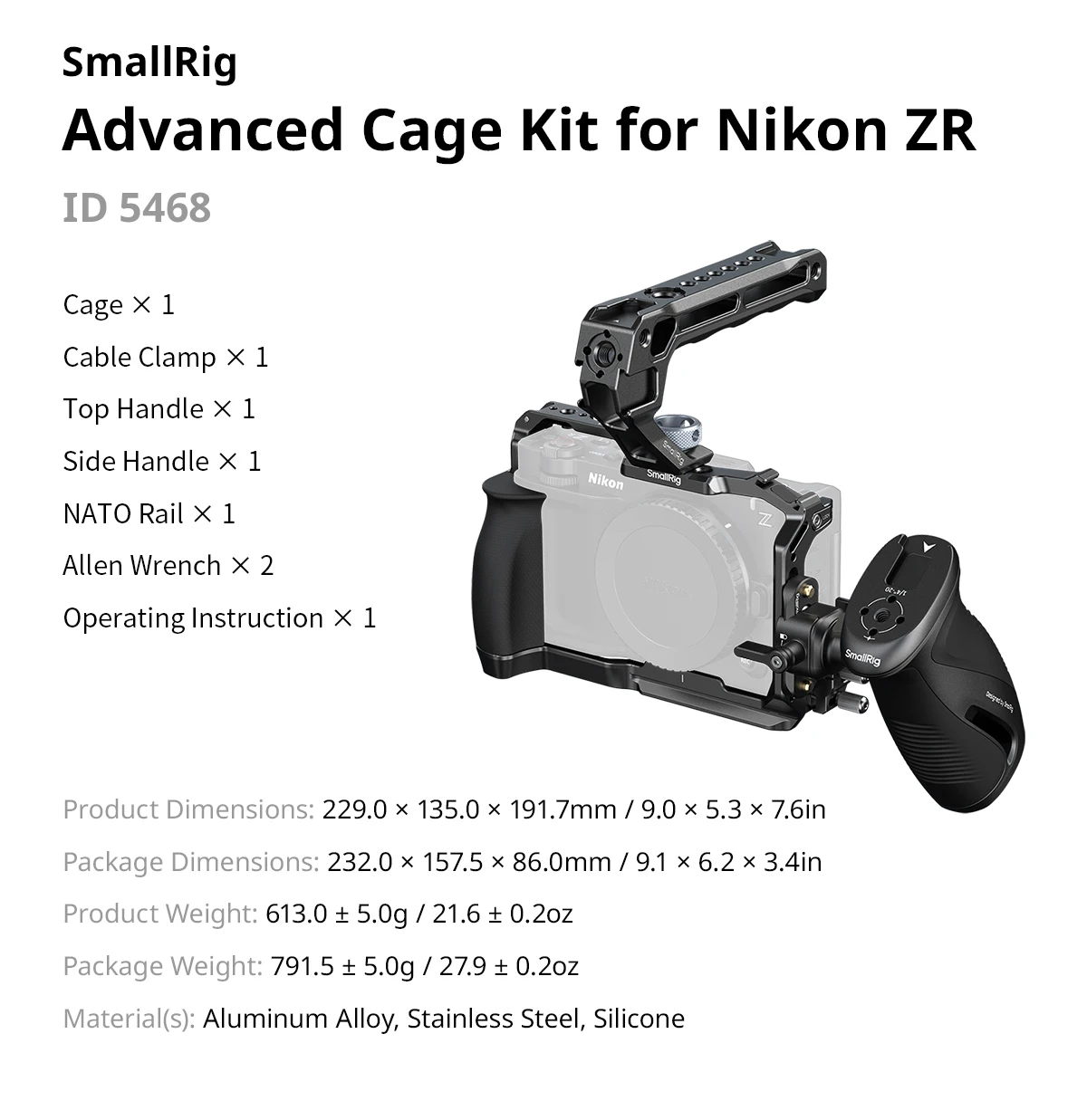 SmallRig ZR camerakooi voor Nikon ZR, met kabelklem siliconen handvat ingebouwde Arca-Swiss snelkoppelingsplaat voor DJI Gimbals 5467