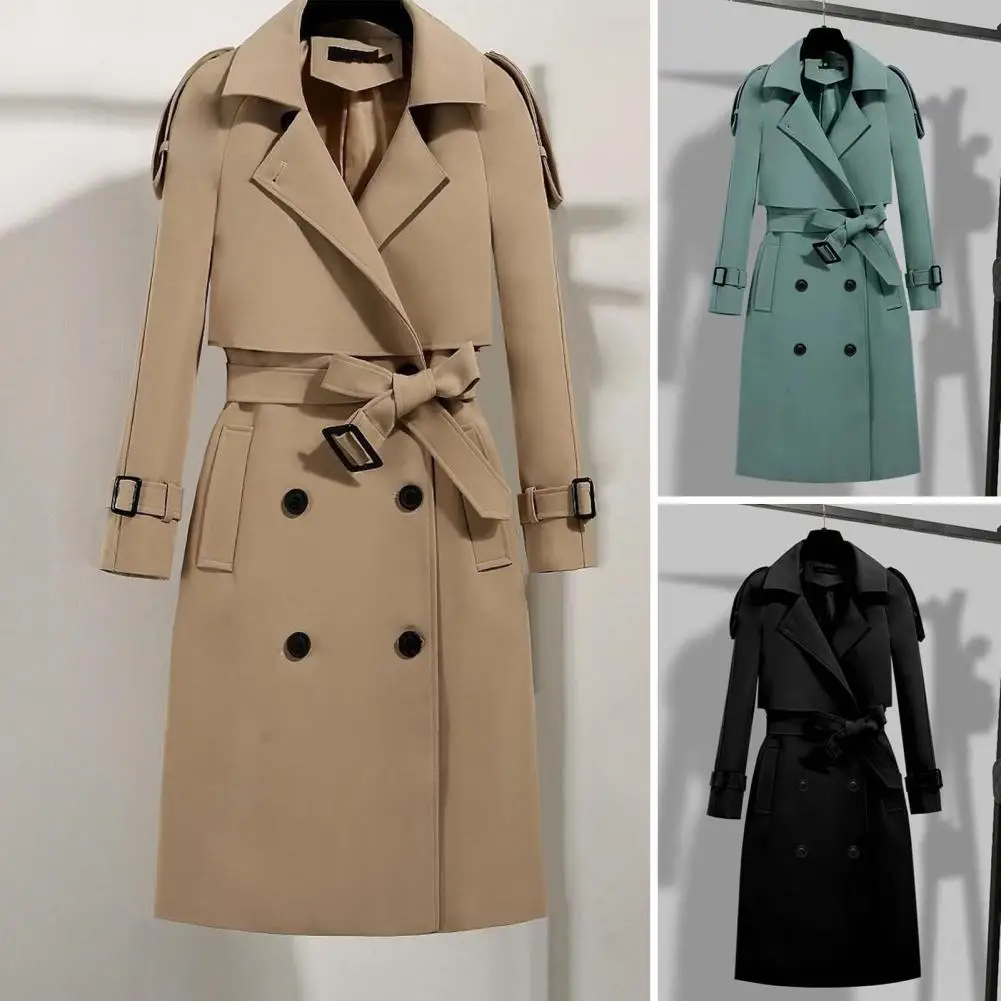 Autumn Winter Women Coat Elegant Belted Women's Coat with Turn-down Collar Dual Pockets for Autumn Winter Thick Warm for Ladies