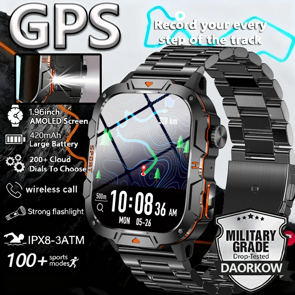 

DAORKOW New Sports GPS tracker AMOLED Smartwatch Men Compass Military Outdoor Sports Bluetooth Call Watch 1.96 inch HD screen