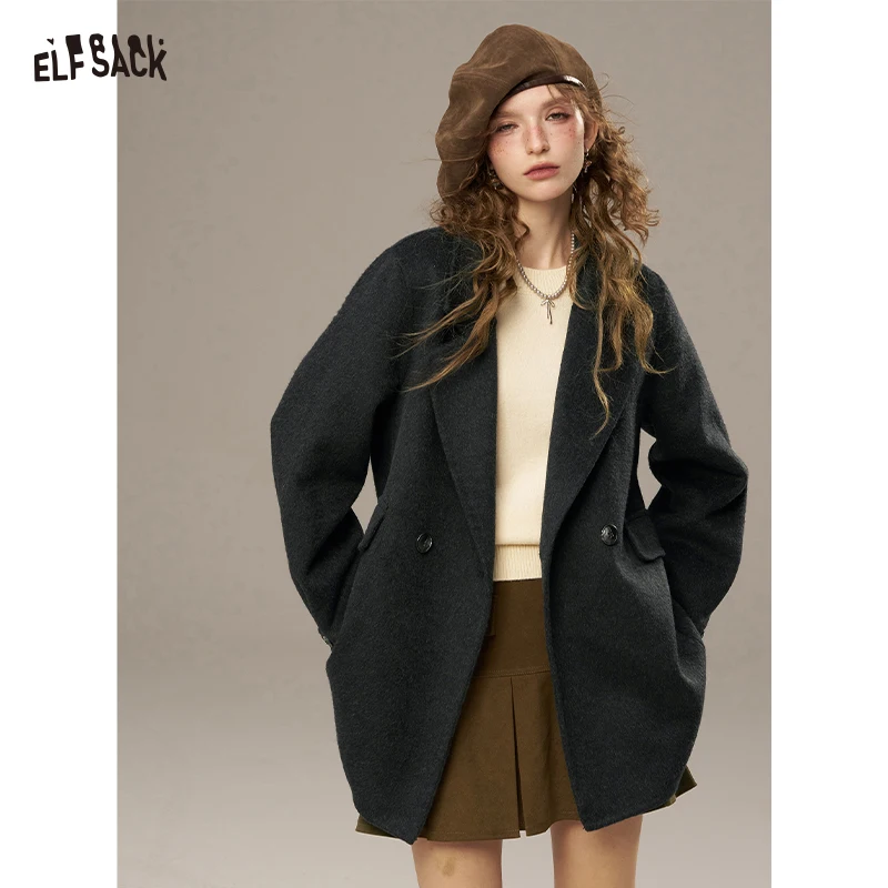 ELFSACK 2025 Autumn New Arrivals Casual Classic Retro No Pattern Solid Color Wool Coat For Woman