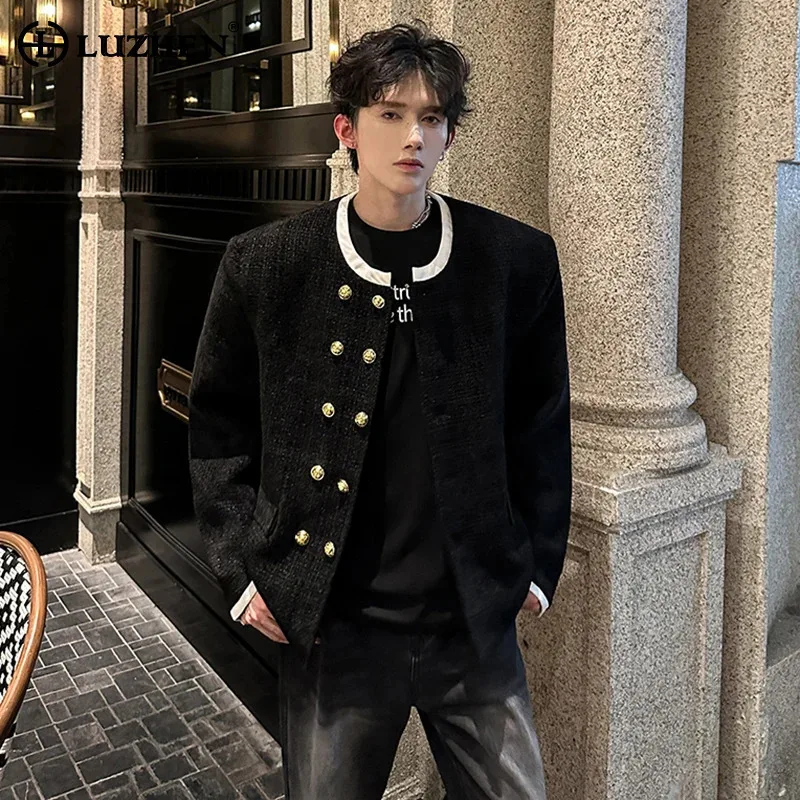 

LUZHEN 2025 Winter Luxury Elegant Color Contrast Round Neck Double Breasted Woolen Coat Men's Stylish Shoulder Pad Jacket JY5093