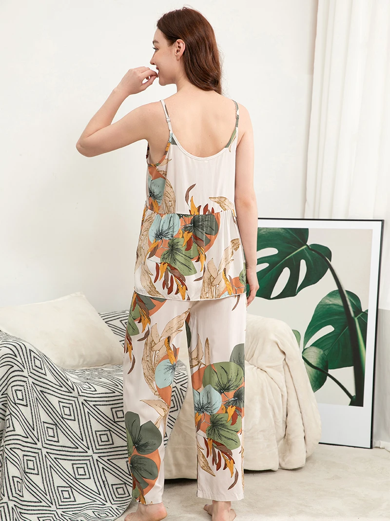 Spring Autumn Plus Size S-XXXL Viscose Floral Printed Women Sleepwear Ladies Loose Thin Homewear Three-piece Pajamas Set