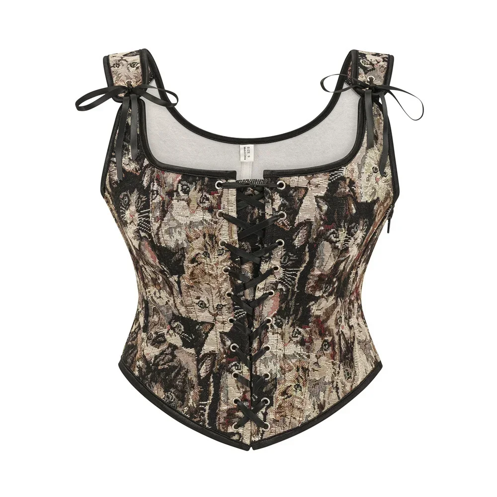 

Women Retro Cute Cat Pattern Print Overbust Corset Crop Top French Style Front Lace-up Side Zip Shoulder Strap Bustier Vest
