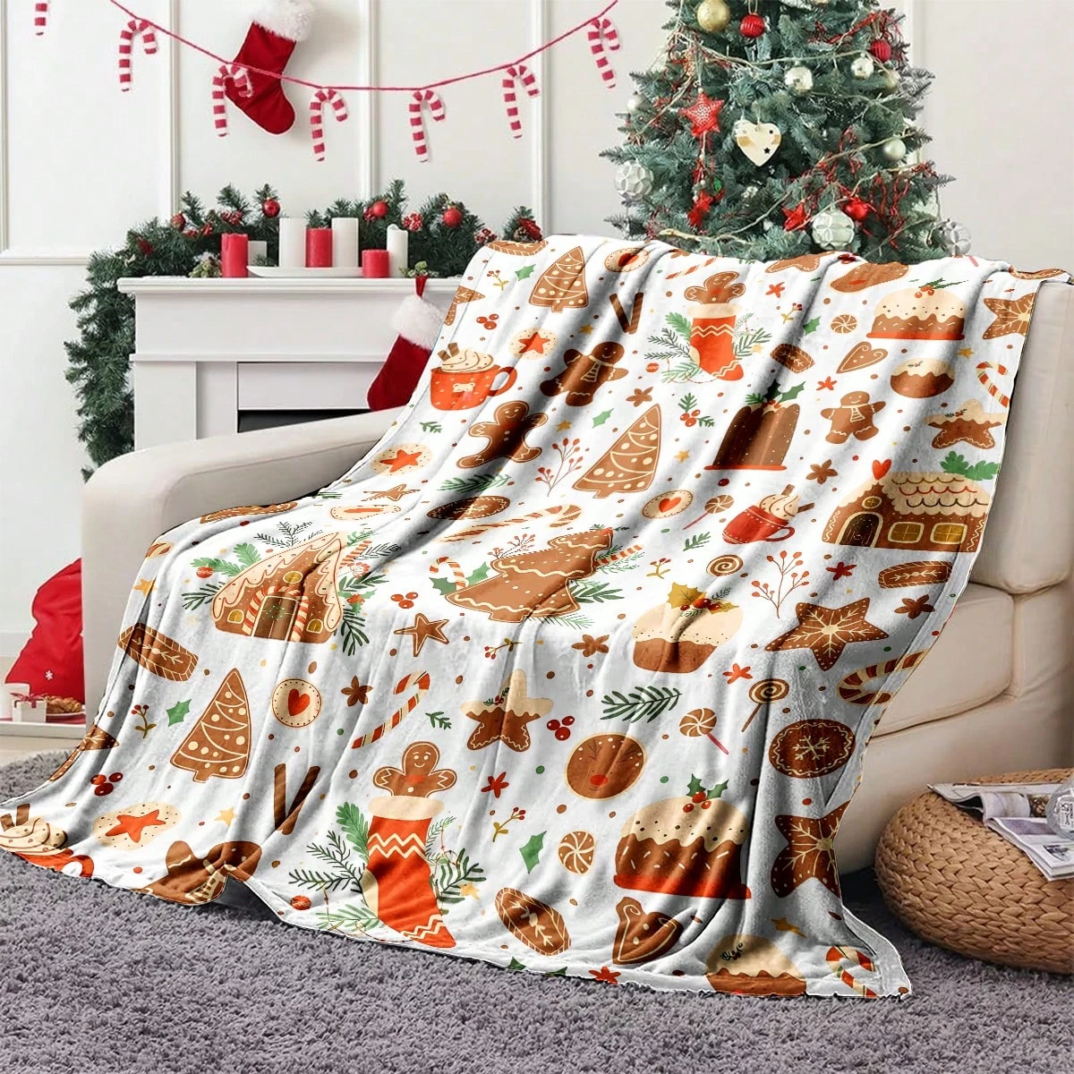 JIT Gingerbread Christmas Polyester Pillow Cover Festive Dessert Pattern Pillow Case for Home Sofa Holiday Decor Stylish Durable