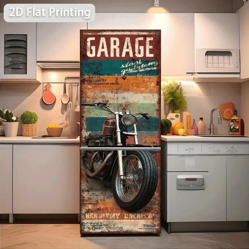 Refrigerator Sticker Measuring  Garage Themed, Start Your Journey with a Vintage Motorcycle Poster, Self-Adhesive Wall Decorat