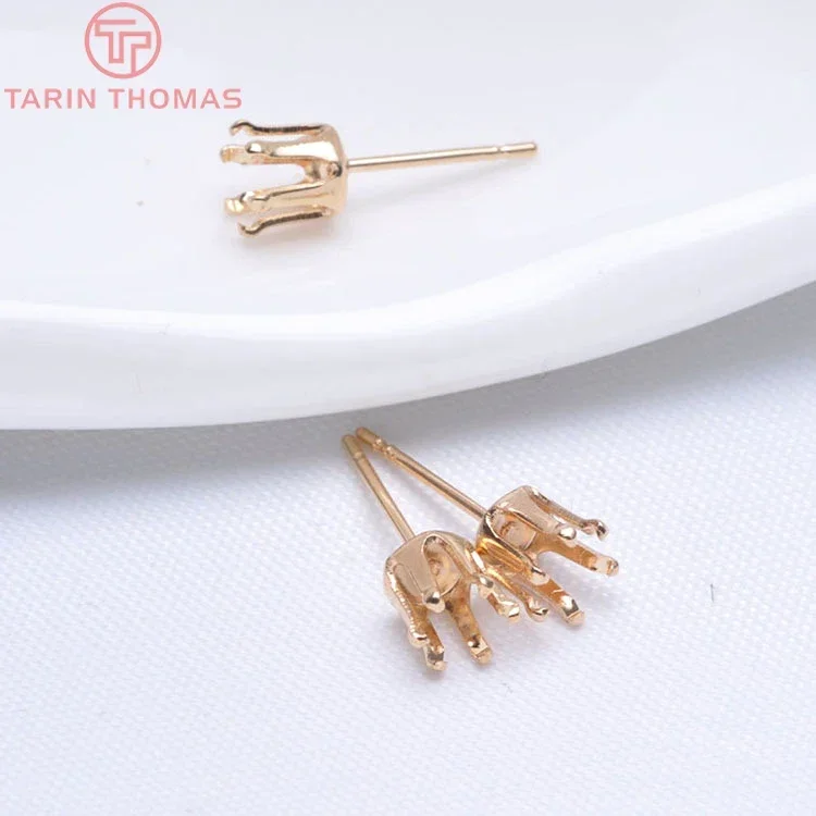 (2422)10PCS Fit 4MM Beads 24K Champagne Gold Color Brass Round Claw Stud Earrings Pins High Quality Diy Jewelry Accessories