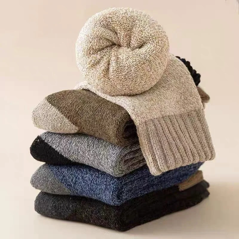 5Pairs/Lot Winter Warm Men's Socks Cold Resistant Wool Men's Super Thick Solid Merino Wool Women's Mid-tube Snow Socks EU38-46