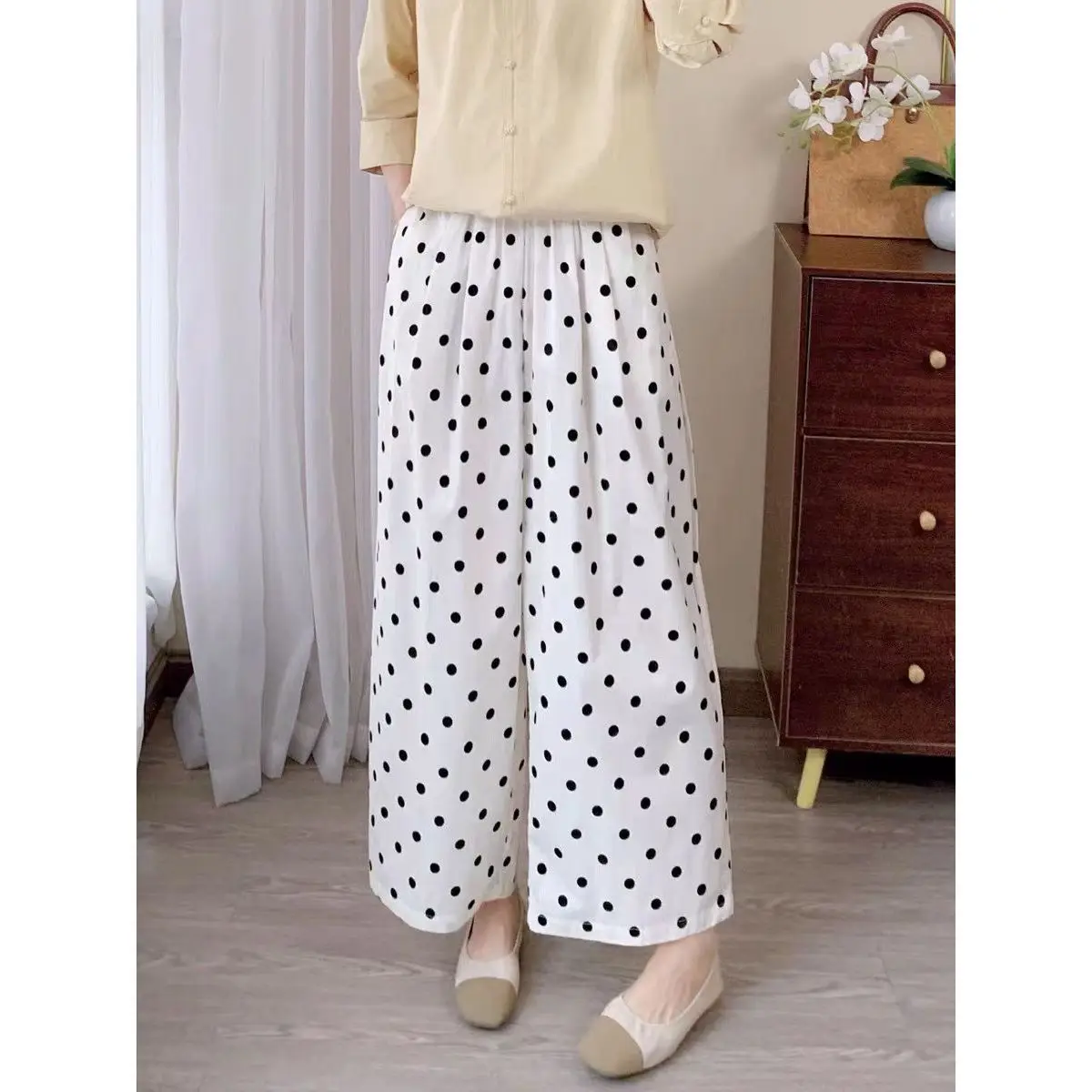 Dave&di Wave Point Elastic High Waist Loose Slimming Simple And Versatile 9% Casual Wide Leg Pants For Women In Spring