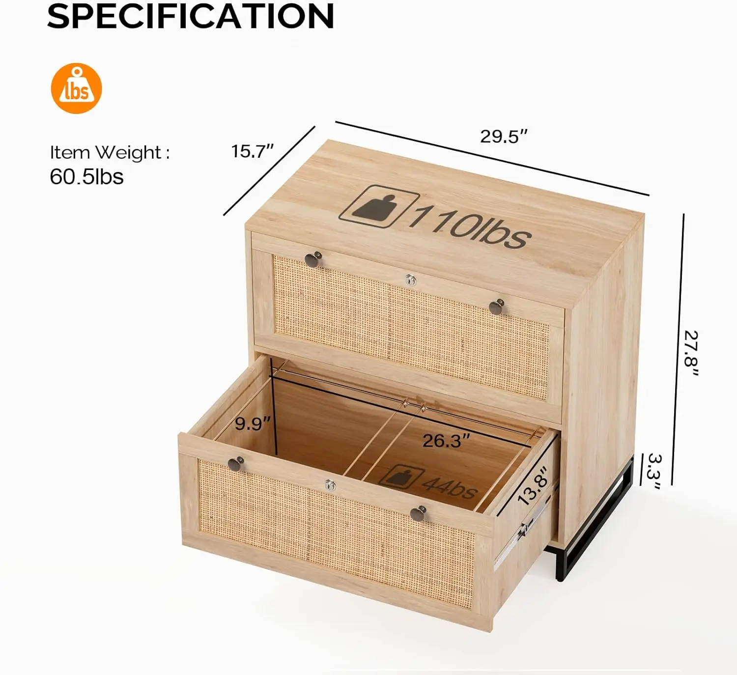 VINGLI Wood Rattan 2-Drawer Lateral File Cabinet with Lock for Home Office, Lockable Filing Cabinet