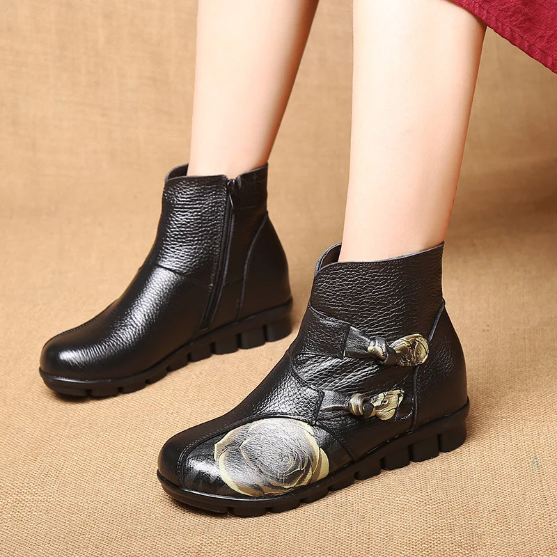 Designer V-neck Double Cheongsam Buckle Ankle Boots Woman Luxury Stylish Real Leather Boots High Top Winter Retro Fur Sneakers