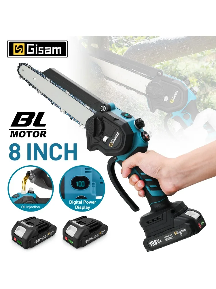 Gisam 8 Zoll Bürstenlose Elektrische Kettensäge mit Ölsystem, Kabellose Gartensäge, Astschere, Kettensäge, Holzbearbeitungs-Elektrowerkzeug für Makita 18V Akku