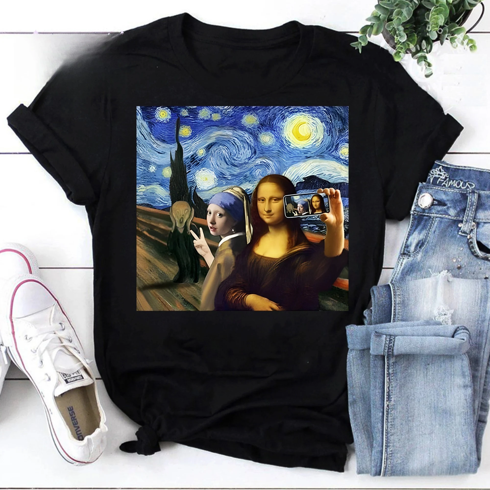 Mona Lisa Scream and Selfie Noche estrellada Van Gogh Camiseta vintage Camisa de noche estrellada Camisa Mona Lisa, Camisa divertida de Mona Lisa Van Gogh