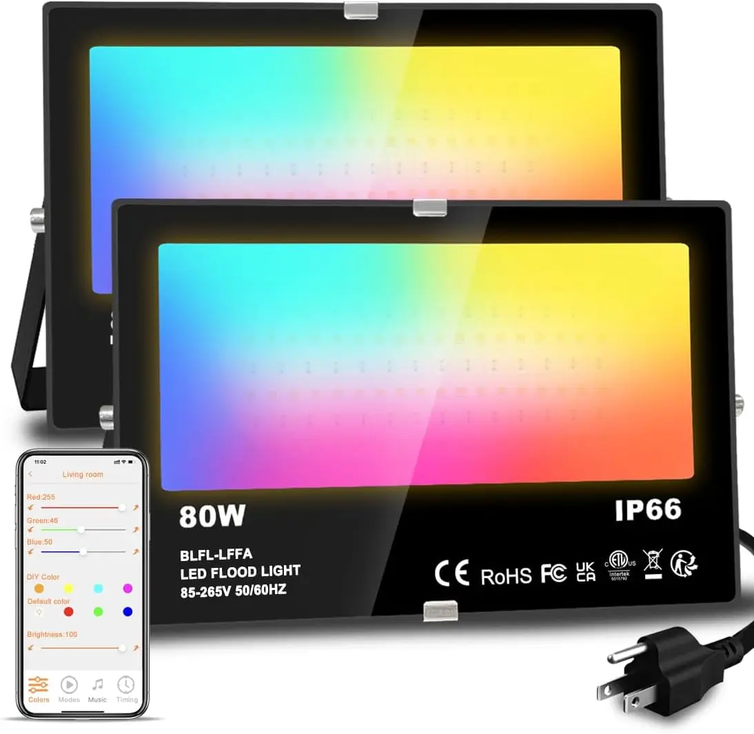 

Умный RGB LED прожектор 800 Вт (эквивалент 8000 лм) с управлением через приложение, изменением цвета, водонепроницаемость IP66, комплект из 2 штук