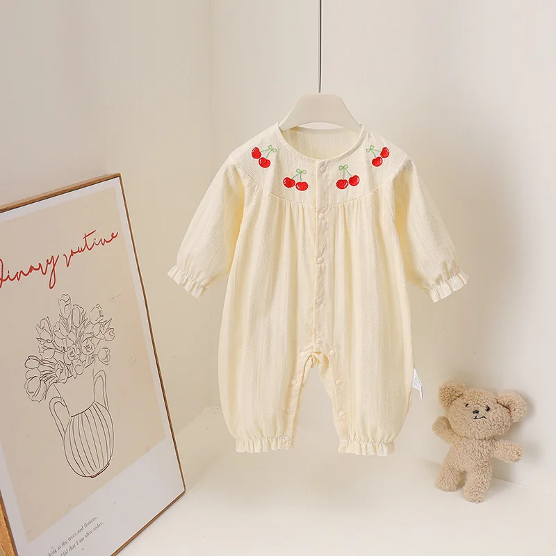Infant Lightweight Romper Summer Long Sleeve Jumpsuit with Cherry Embroidery Ruffle Cuff Clothes For Tollder