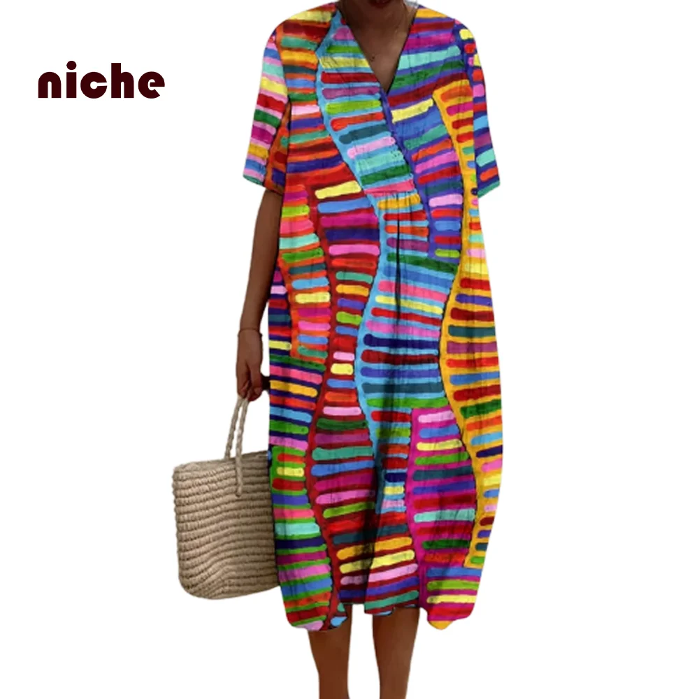 Women's Striped Graphic Printing Long Dress, Traf Dresses, V-Neck, Loose Beach Dress, High Quality, Fashion Trend, Designer