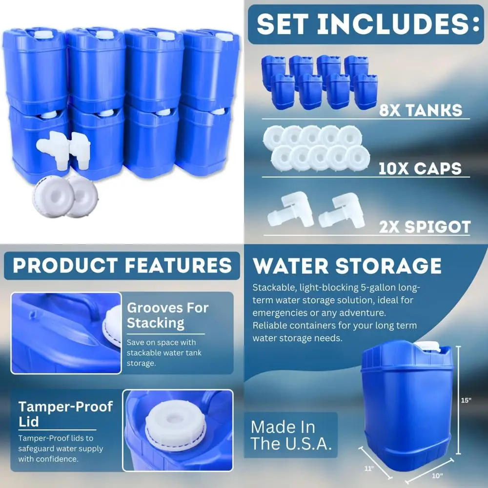5-galonowe pojemniki na wodę z możliwością układania w stosy, z pokrywkami i kranikiem do przechowywania w nagłych sytuacjach