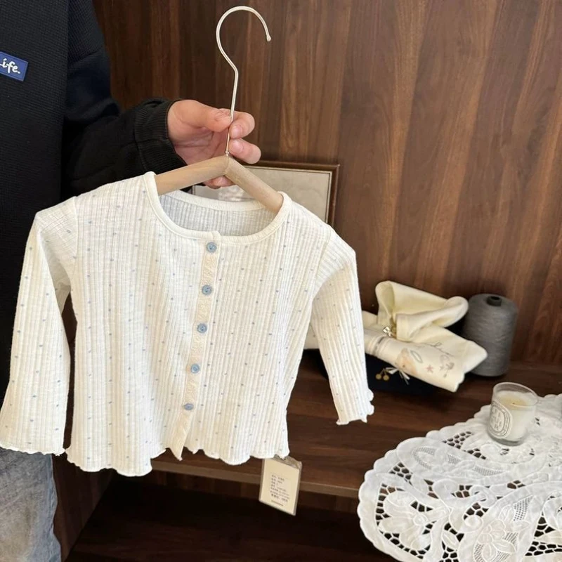 Baby Girls Dot Print T-shirts 2025 New Arrival Children Casual Striped Cardigan Kids Girls Summer Knitted Sunscreen Clothing