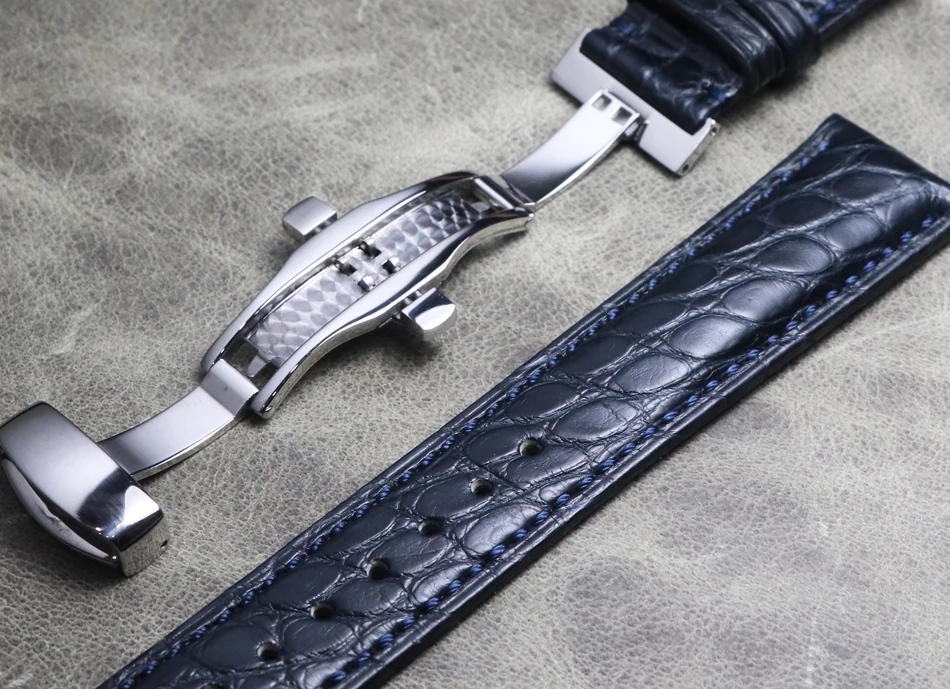 20mm 21mm 22mm Dark Blue Premium Strap Crocodile Skin Belt Genuine Leather Men\'s Butterfly Buckle Watchbands Watch Chain