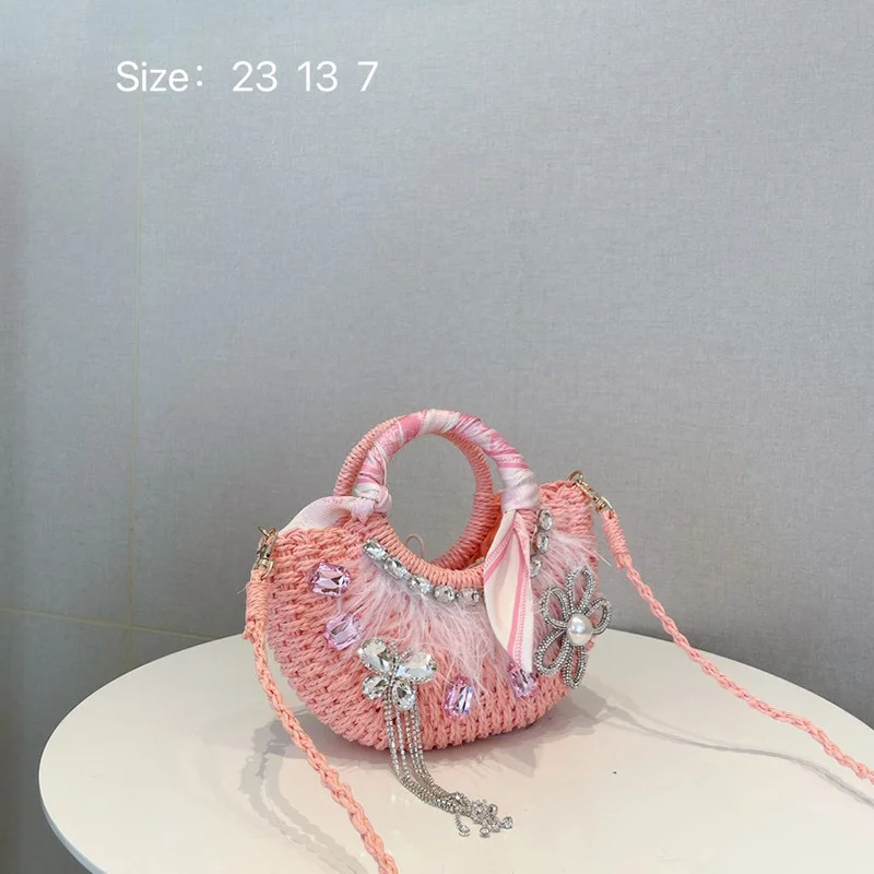 2023 New Summer Handwoven Straw Handbags for Women Silk Handle Sweet Girls Small Pink Totes with Feathers and Rhinestone Flowers