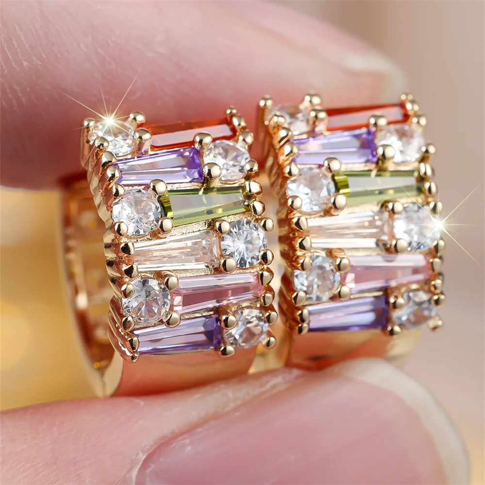 Rainbow Zircon Multicolor Crystal Small Stone Round Hoop Earrings For Women Gold Color Ear Buckle Wedding Jewelry Valentine Gift - view 2