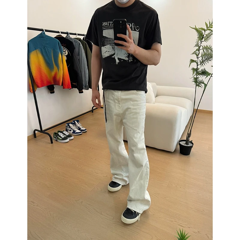

Zlayco High Waist Bell Bot Jeans Men's Summer American High Street Cleanfit Casual Pants White Denim Jeans Straight Leg Fit