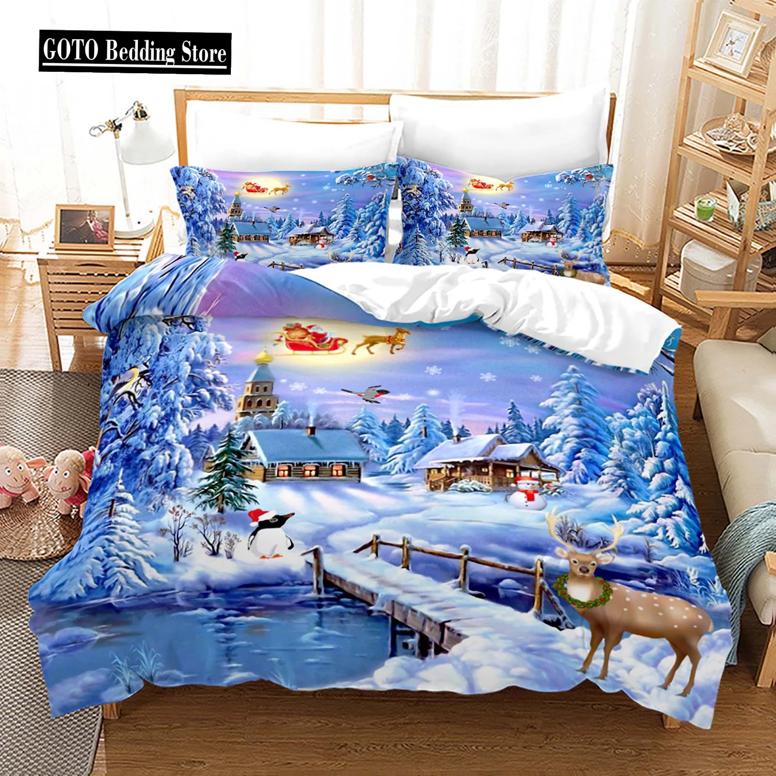 

Red Christmas Duvet Cover Santa Claus Snowman Bedding Set Microfiber Cartoon Comforter Cover With Pillowcases Kids Gift