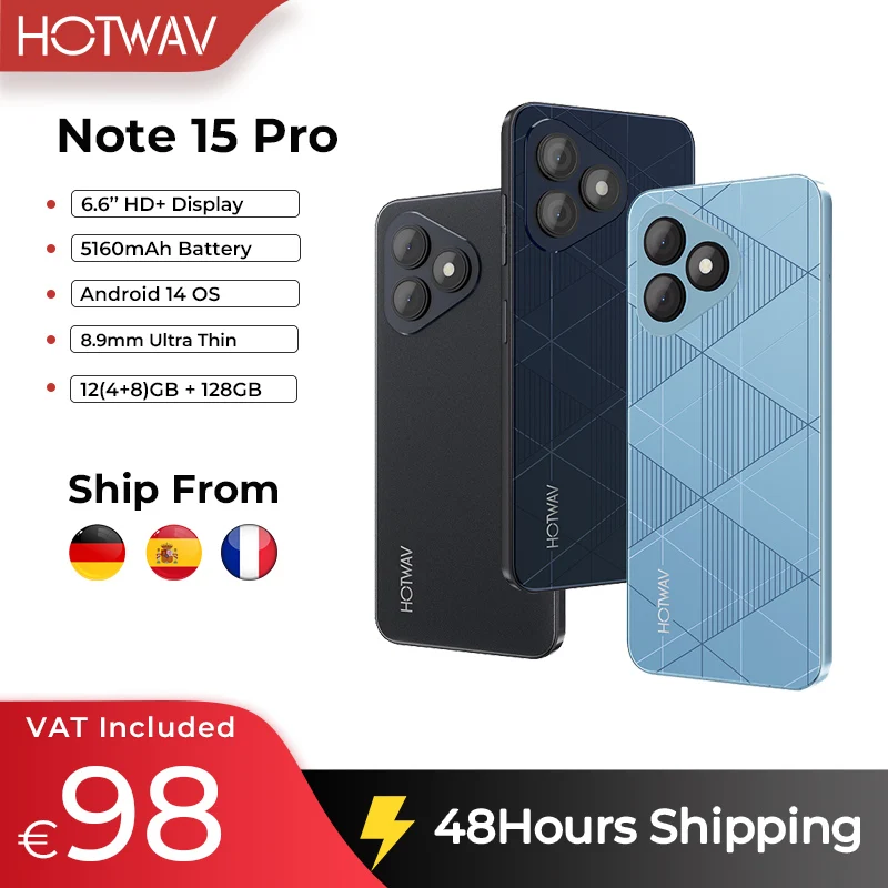 [Stock In EU] HOTWAV Note 15 Pro Ultra-Thin Smartphone 6.6'' HD+ Android 14 5160mAh Mobile Phone 12(4+8)GB+128GB 13MP Cellphone