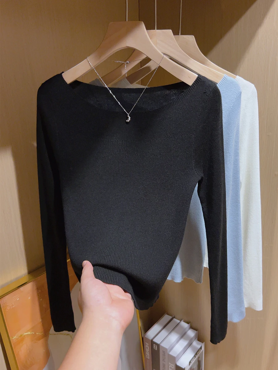 حجم كبير حصيرة المرأة جولة Ne Long Sve محبوك irt الأزرق التخسيس قاعدة طبقة أعلى الخريف الشتاء Faion ملابس داخلية