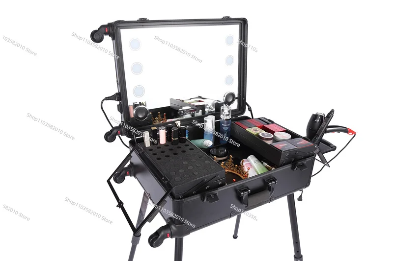 Aluminum Professional Rolling Cosmetics Trolley Suitcase Train Case, Mirror with Light LED Light