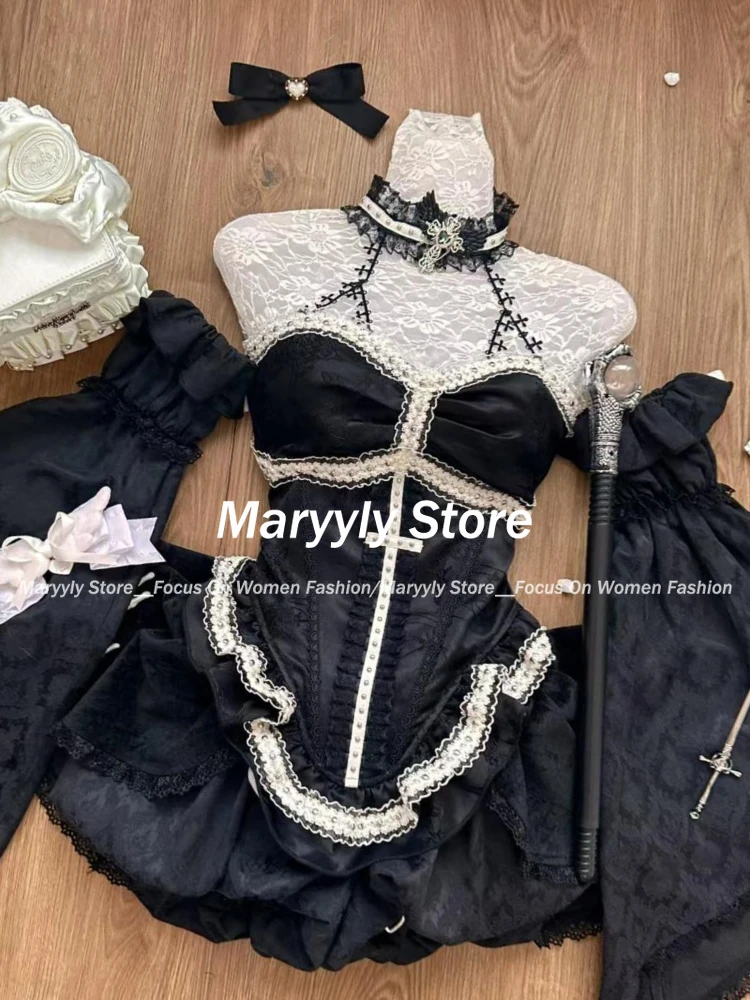 Winter Black Gothic Halloween 3 Piece Set Women Sexy Lace Tops + Mini Cake Skirt + Sleeve Female Y2k Vintage Cosplay Clothing