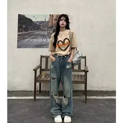 Y2K Style Jeans Women's New Niche Loose Jeans Blue Straight High-Waisted Trousers Retro Ripped Pants