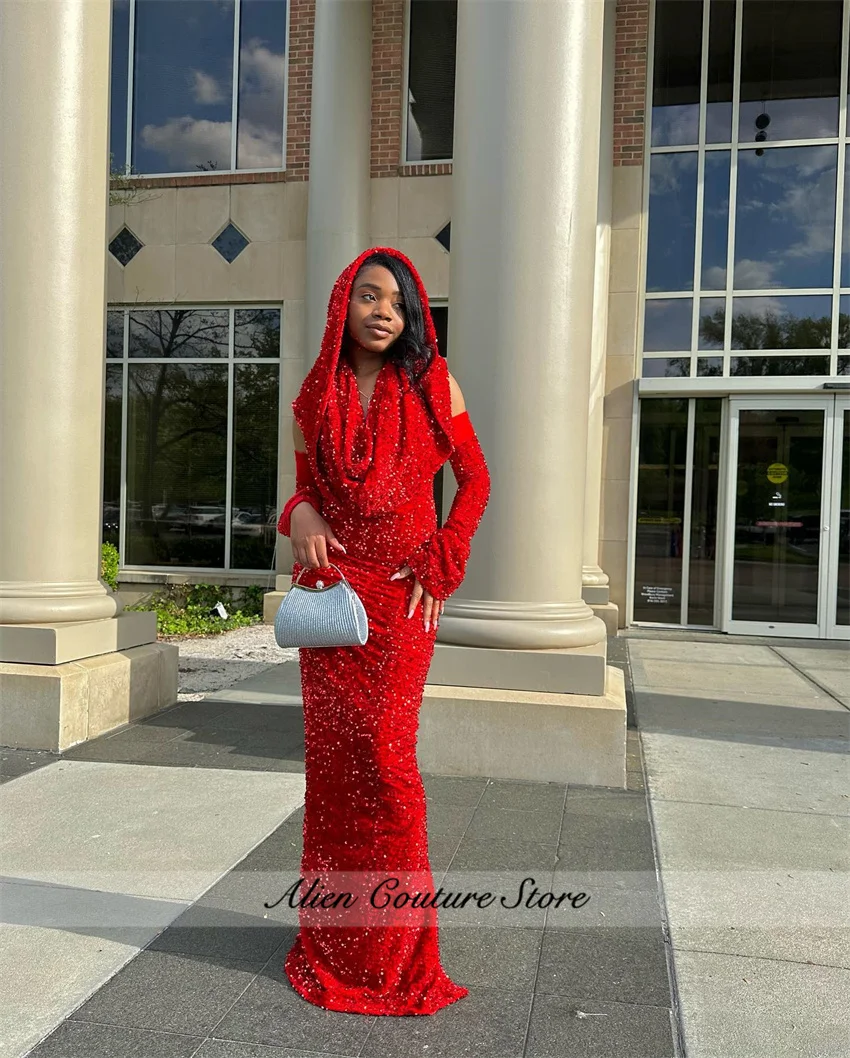 Abiti da ballo rossi Glitter 2025 con mantello due guanti con scollo a v paillettes abito da festa formale festa di ricevimento di nozze personalizzata