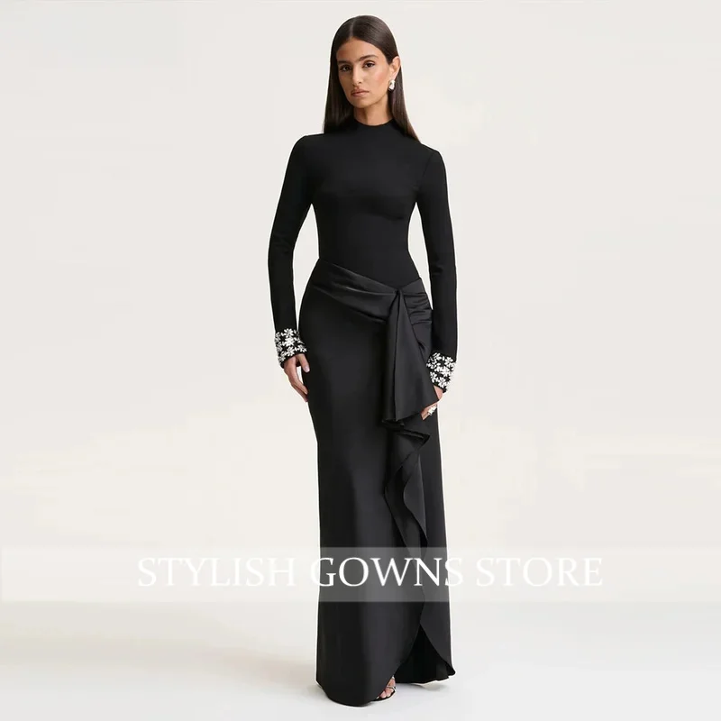 Black High Neck Prom Dresses for Women Sheath Long Sleeve Formal Evening Dresses Beaded Party Dress 2026 Customized