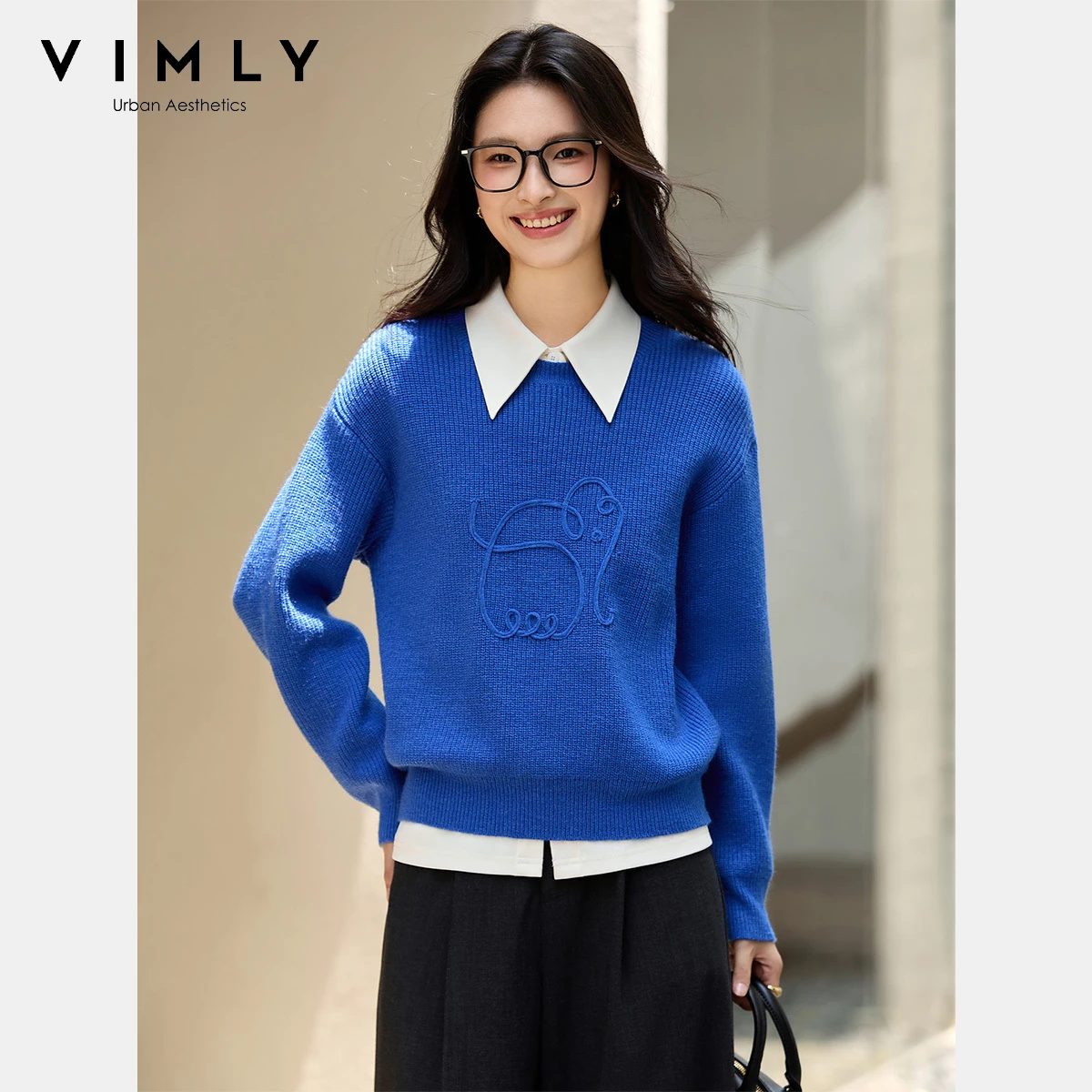 VIMLY Damski Niebieski Sweter Dzianinowy Elegancki Słoń 3D Okrągły Dekolt Pulowery Jesień 2025 Codzienne Swetry z Długim Rękawem Damskie Bluzy 75128